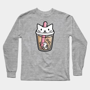 Bubble Tea with White Cute Kawaii Cat Inside Long Sleeve T-Shirt